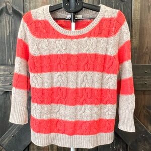 LOFT Wool Blend Cable Knit Sweater Size L Coral Taupe Stripe Casual Chunky
